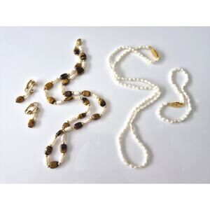 Freshwater Seed Pearl and Tiger Eye Jewelry Set of 2